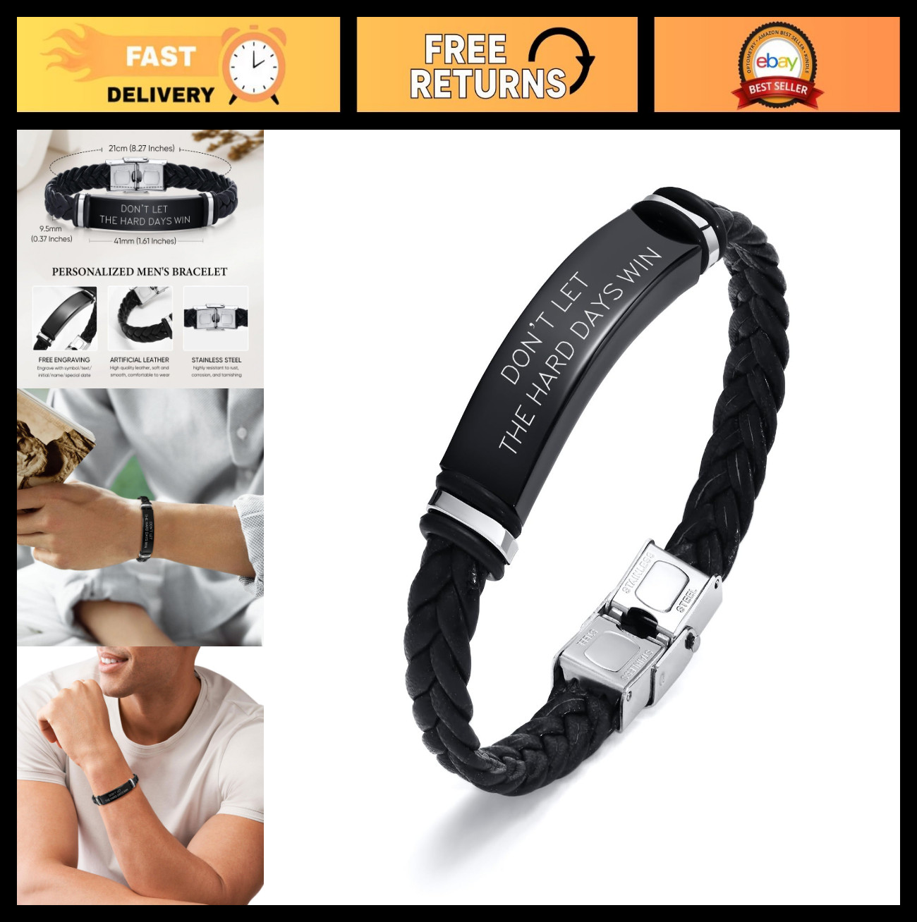 Engraved Leather Bracelet for Men - Inspirational Quote Christian Gift, Braided