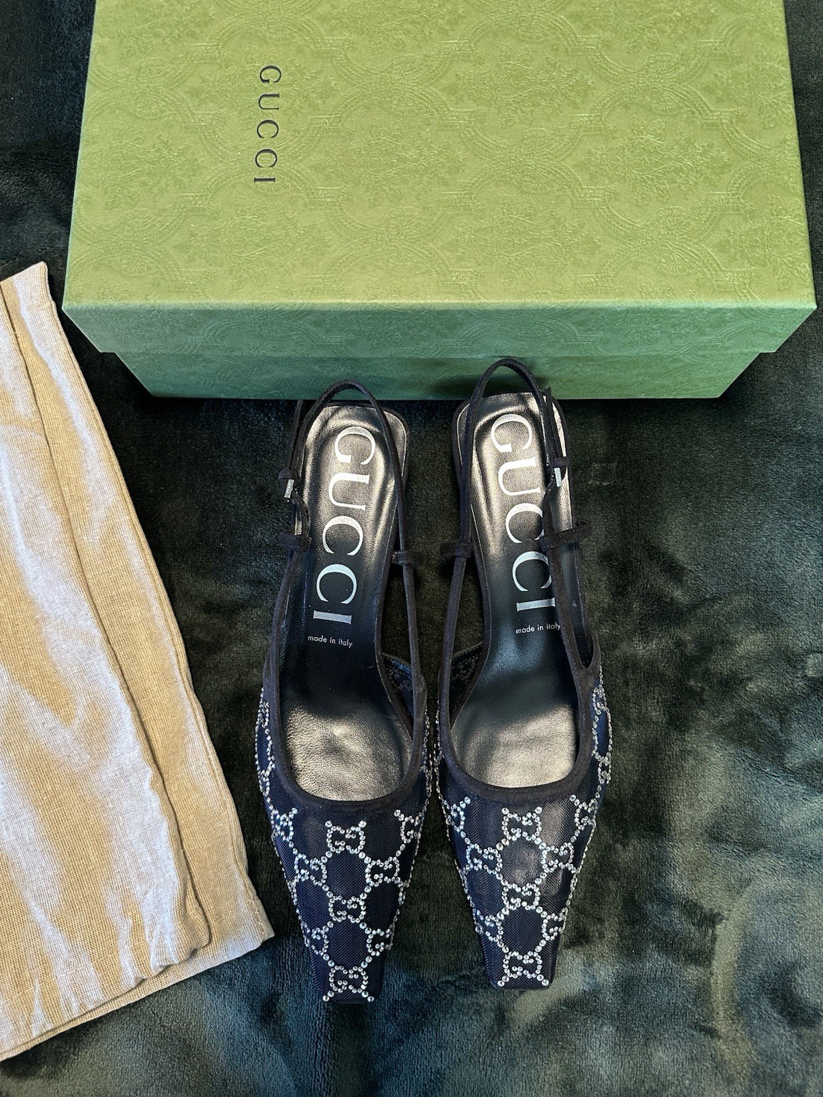 Gucci GG Crystal Mesh Slingback Pumps Black Size 40.5 NWT Box Dust Bag 675829
