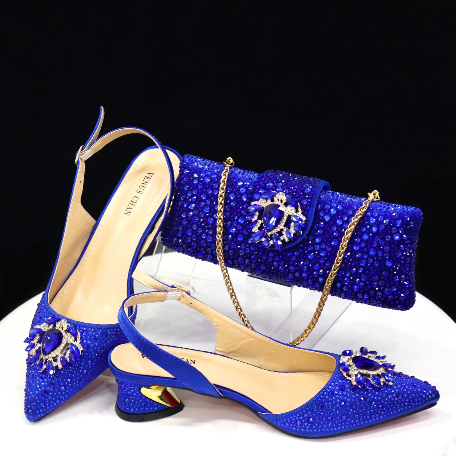 Design Lady Rhinestones Matching New Italian Crystal Luxury Shoes&Bag Mid 4.3 CM