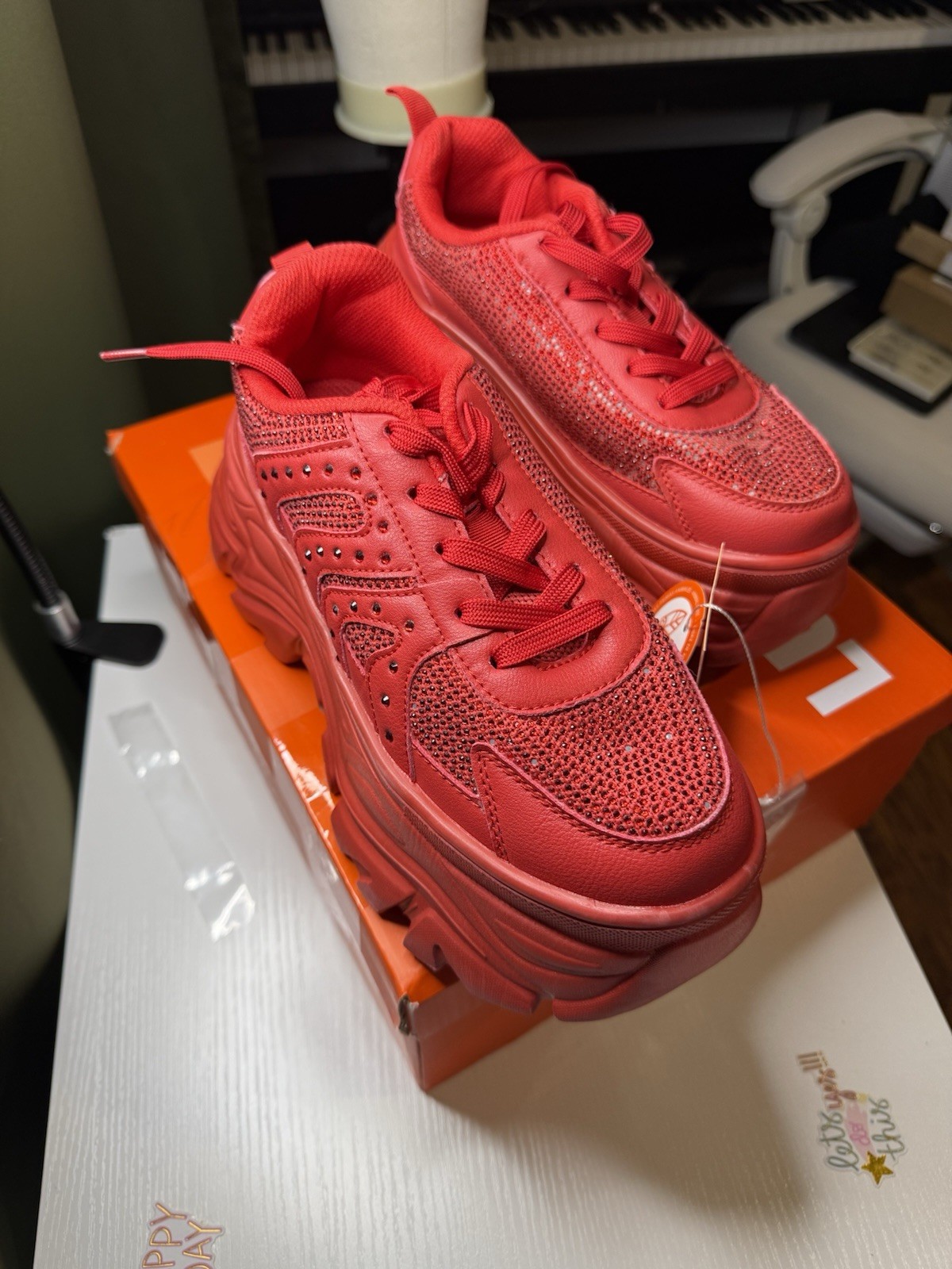 Red Rhinestone Chunky Sneakers Platform Shoes Women’s Size 8 Statement Fashion