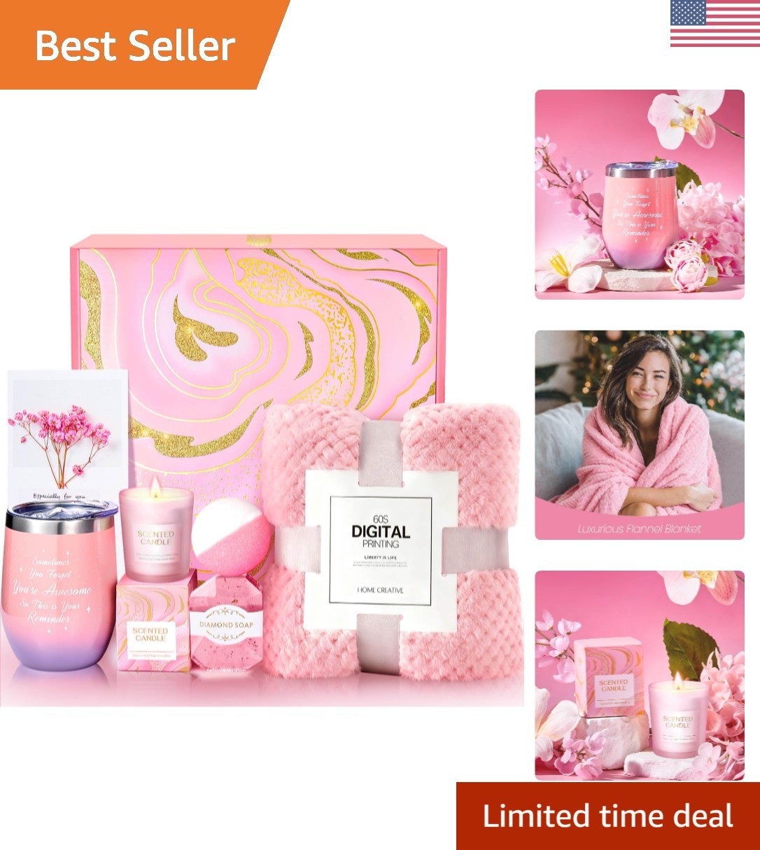 Elegant Self-Care Gift Basket with Cozy Blanket and Rose-Scented Candle