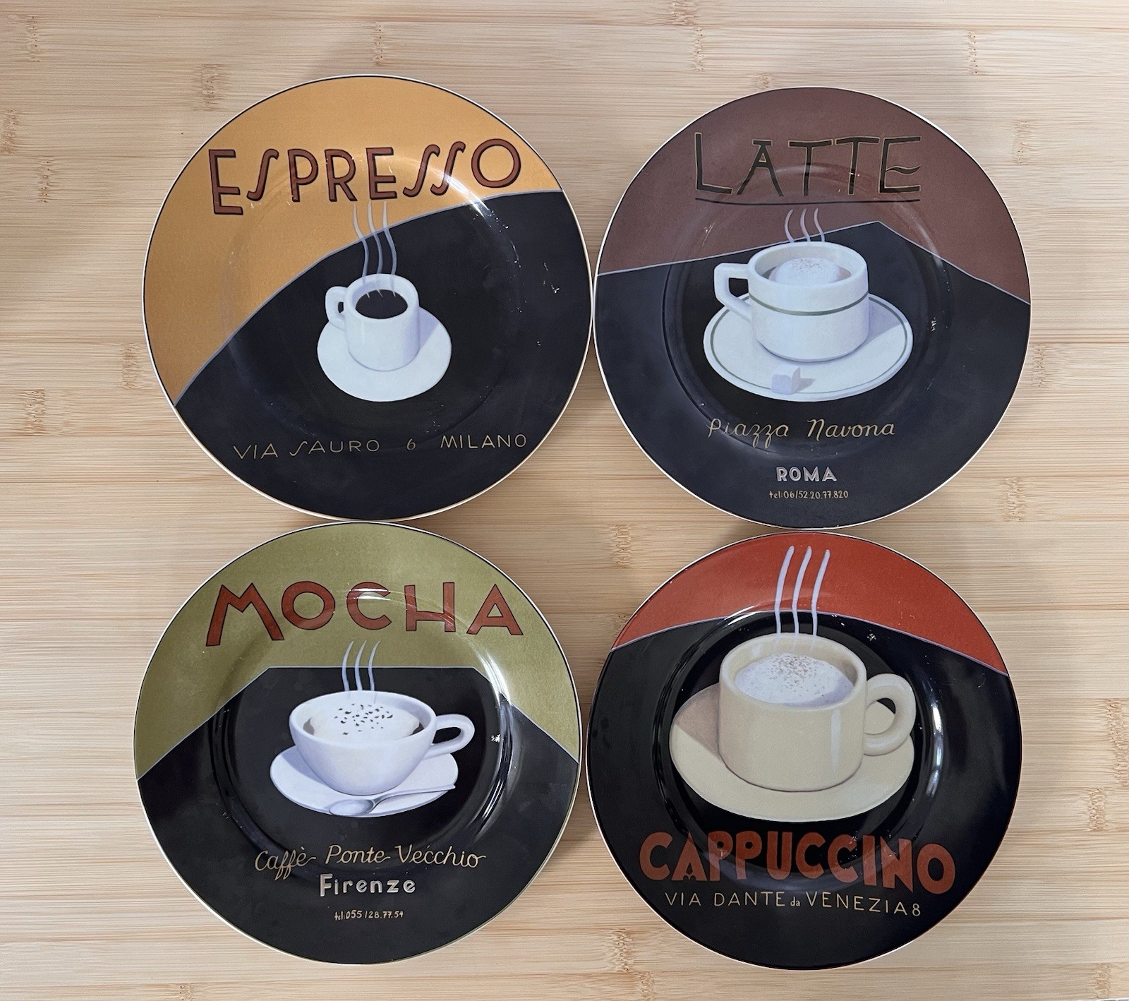 Vintage Coffee Theme Plates Marco Fabiano Set 4 Latte Espresso Cappuccino Mocha 