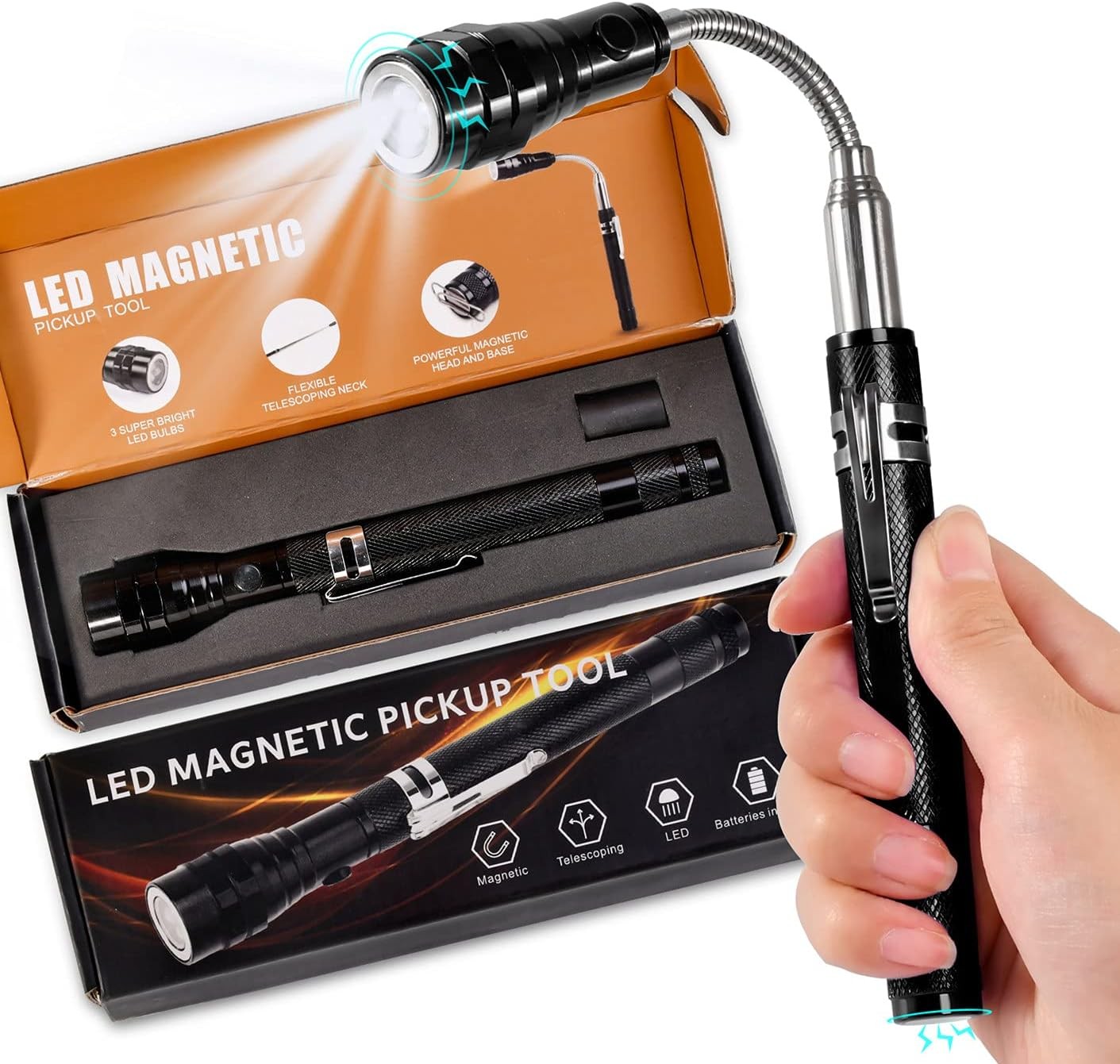 Magnetic Flashlight Pickup Tool Cool Extendable Magnet Telescoping Gadgets Men