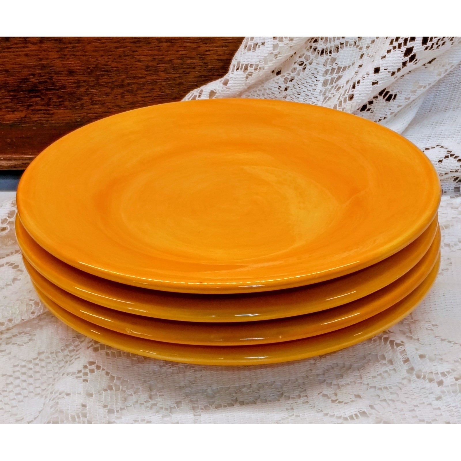 Salute Hand Painted Collection Yellow Orange Dinner Plates Set of 4 Ceramic