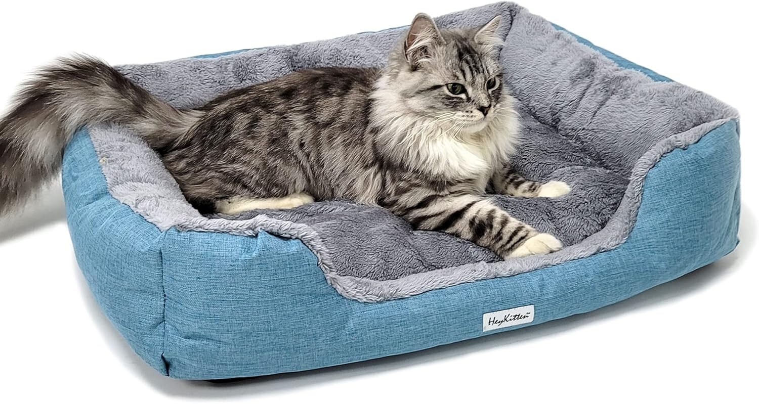 Cat Cushion Bed Blue Soft Pet Bed w/ Charcoal Odor Bags for Cats Small Dogs