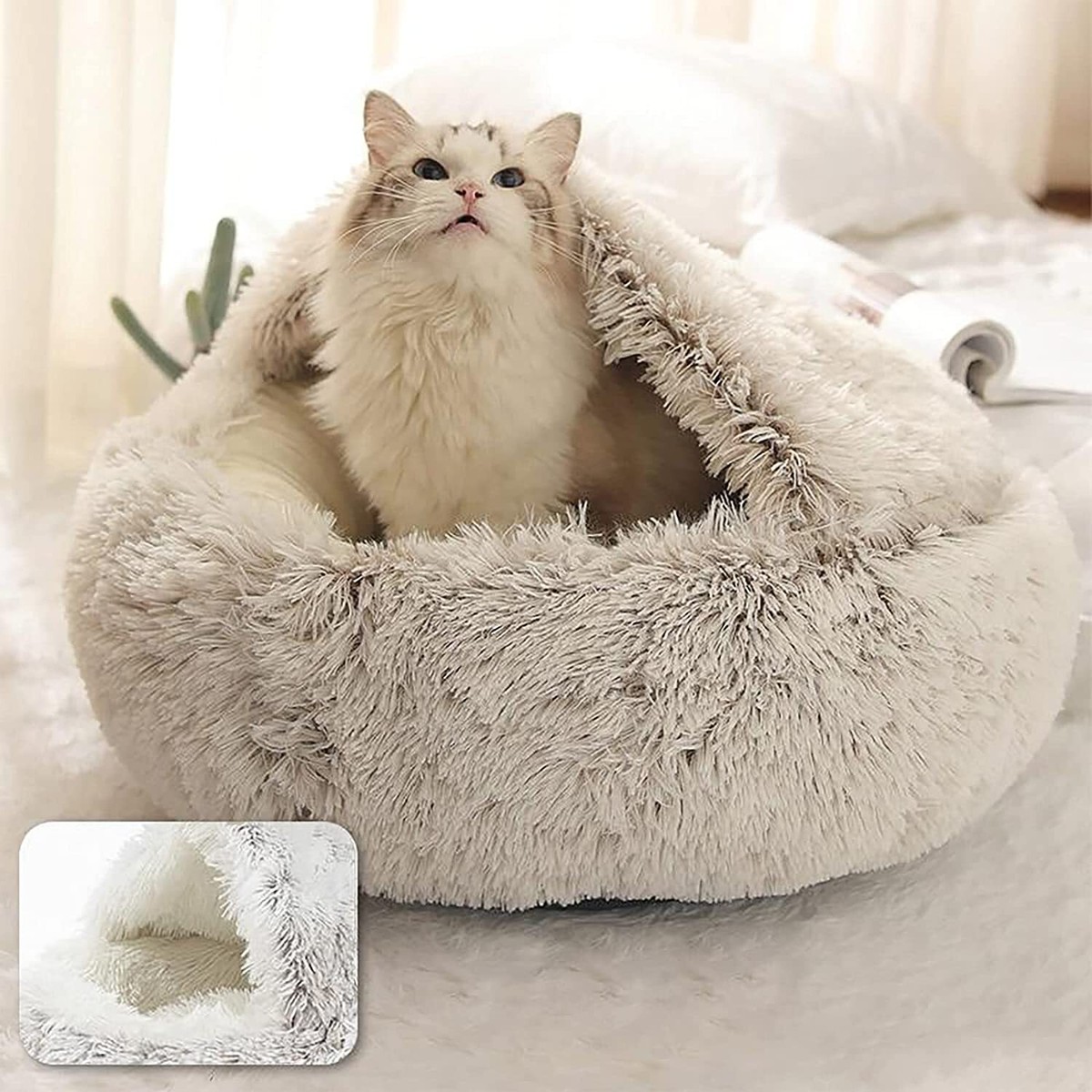 Cat Bed Cave Round Plush Fluffy Hooded Cat Bed Donut Self Warming Pet Dog Bed