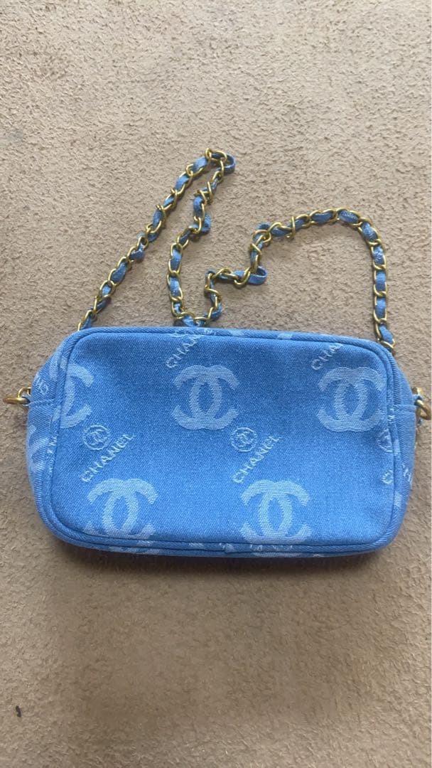 Chanel denim crossbody makeup bag with gold accents VIP exclusive novelty item