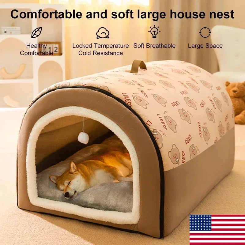 Large Pet Bed Dog House Cat Tent Soft Indoor Warm Kennel Puppy Cave W/Cushion US