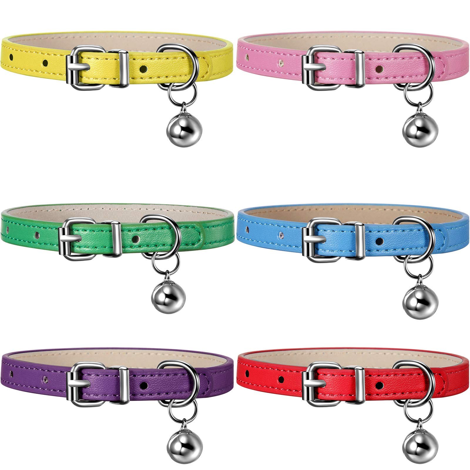 6 Pieces Leather Cat Collar with Bell Cute Pet Leather Kitten Collar for Boy Gir