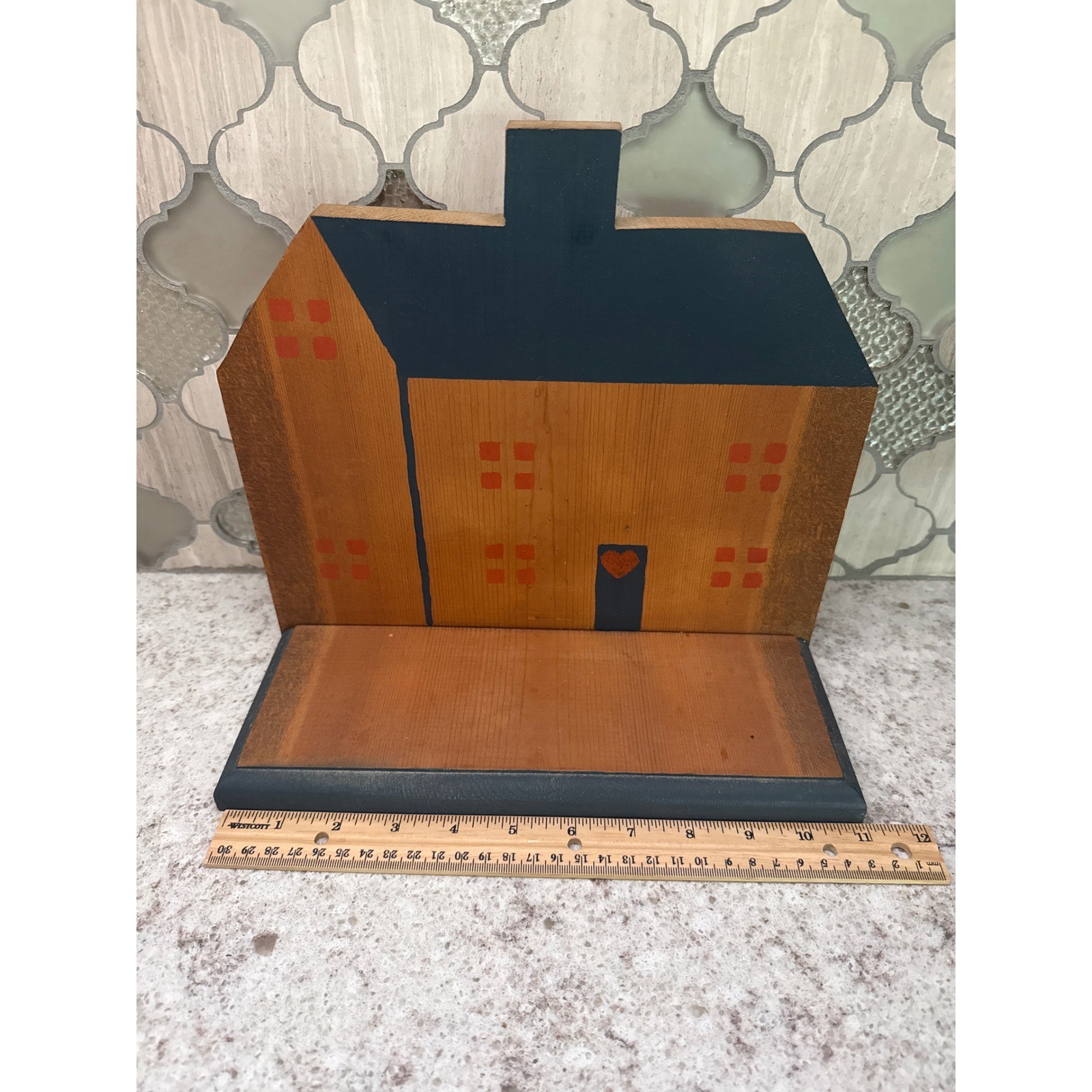 Vintage Primitive Wooden House Shelf Folk Art Farmhouse Wall Decor Blue Orange