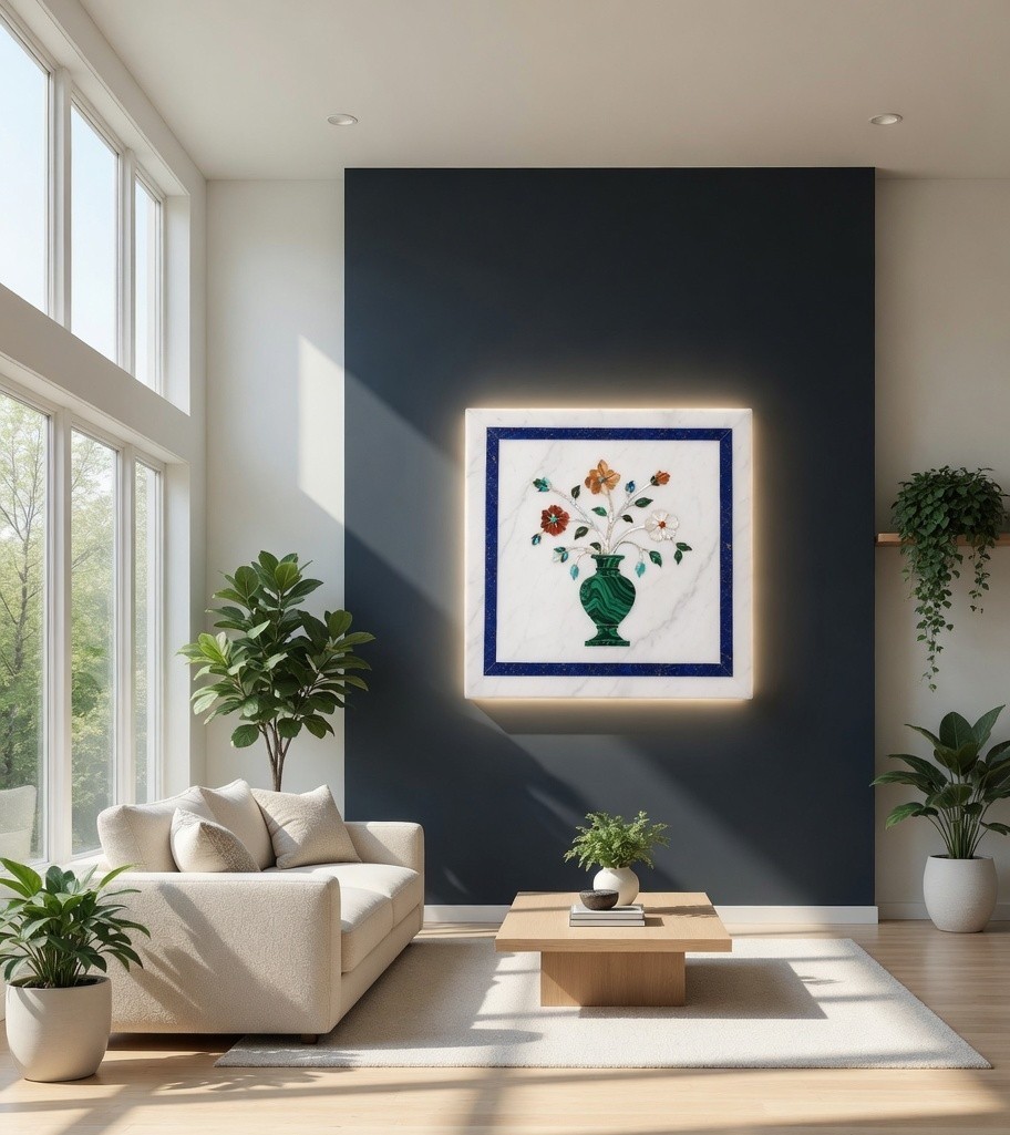 White Marble Inlay Wall Art – Elegant Handcrafted Stone Panel for Modern Luxury