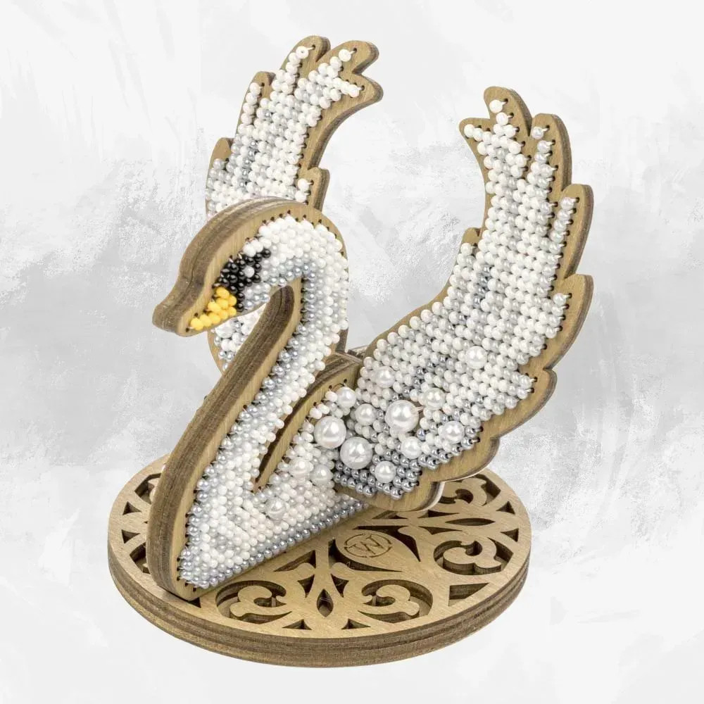 DIY Wooden Bead Embroidery Kit – “White Swan” unique gift