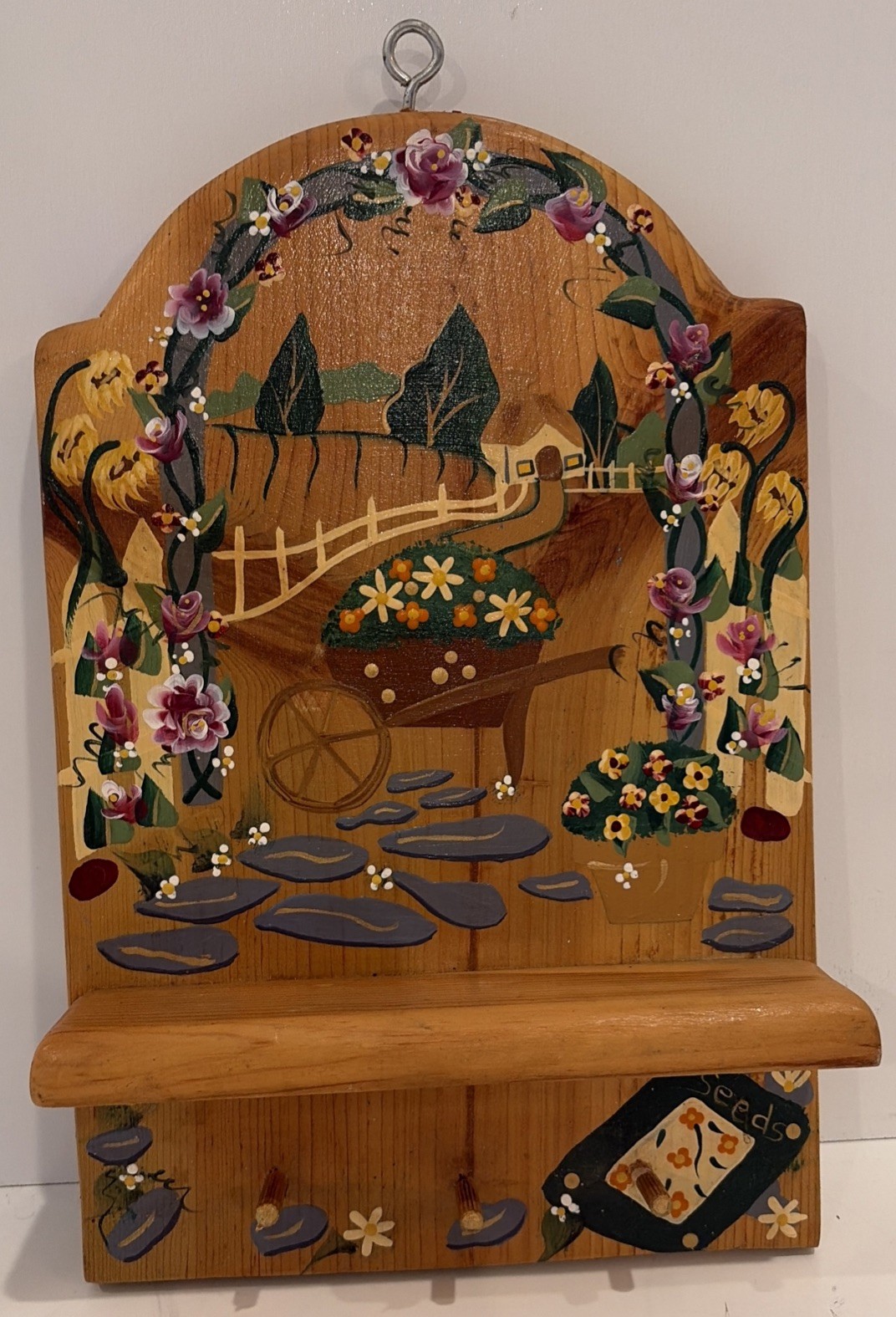 JDI Inc Susana Hand Painted Wood Wall Shelf Key Rack Cottage Folk Art Sunflowers