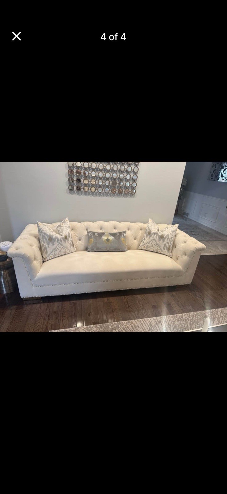TOV Farah 91" Performance Velvet Tufted Chesterfield Sofa Cream 3-Seater