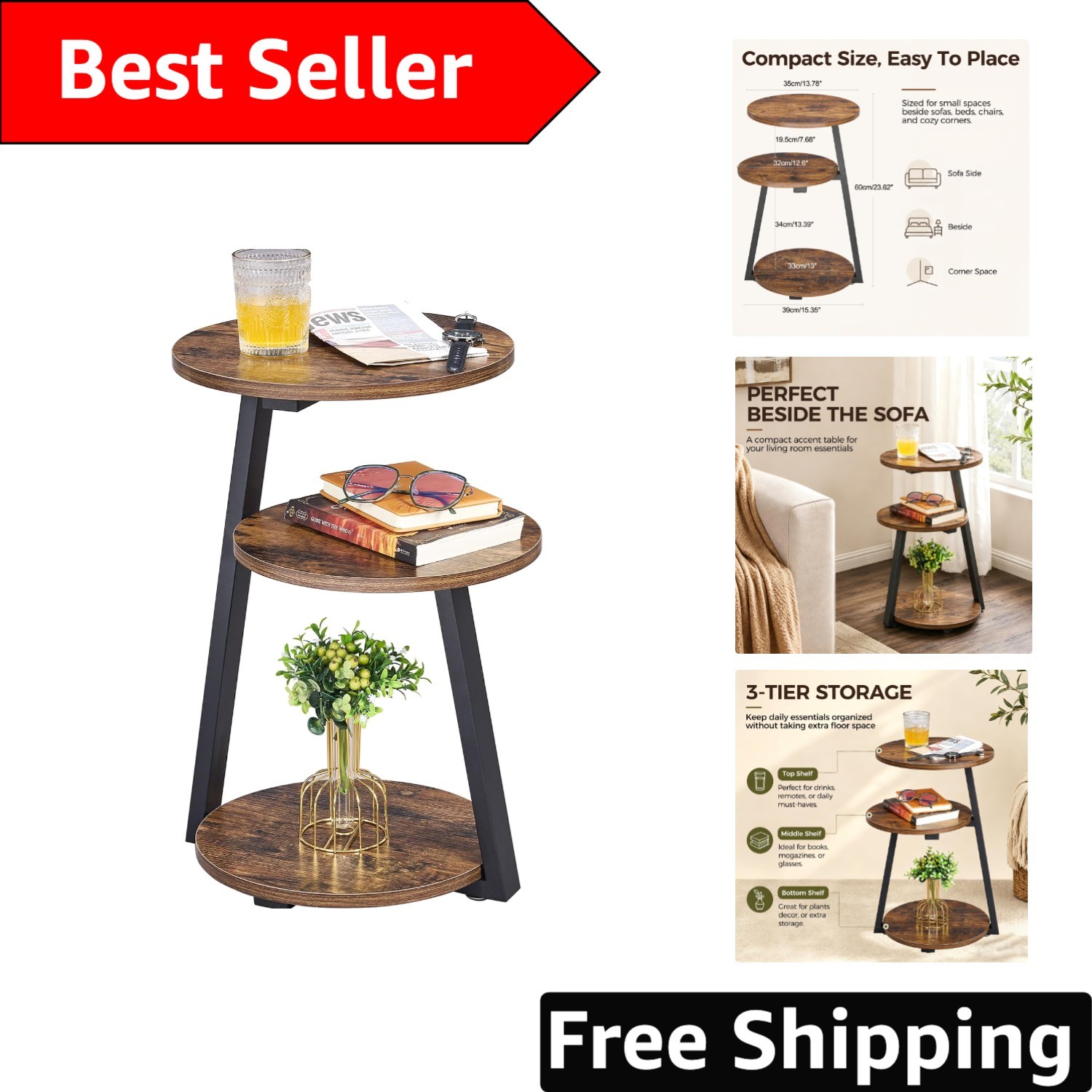 Multi-Functional Rustic Accent Table with 3-Tier Shelves - Perfect for Any Room