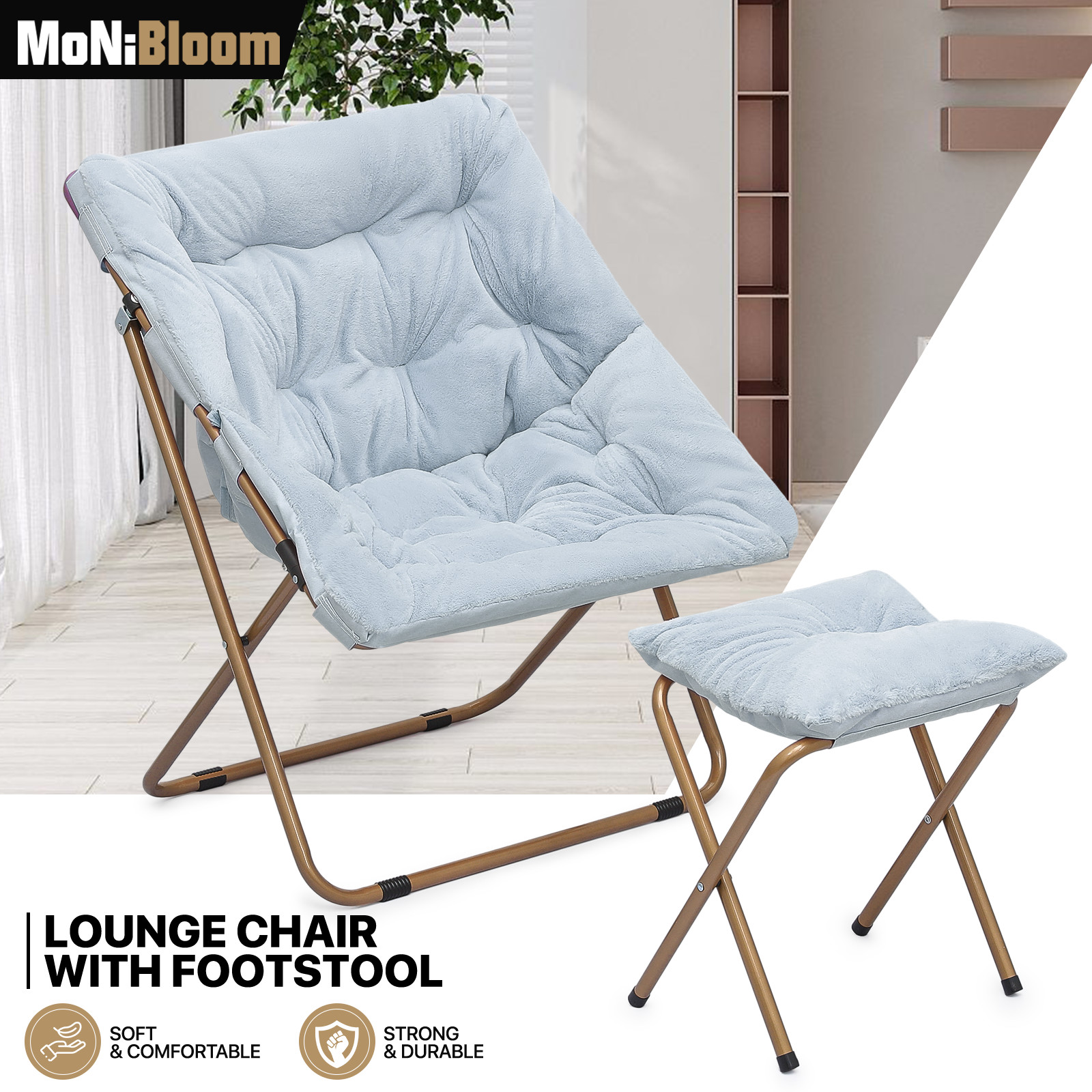 Blue Folding Saucer Cozy Chair Home Faux Fur Oversized Upholstery Seat w/Ottoman