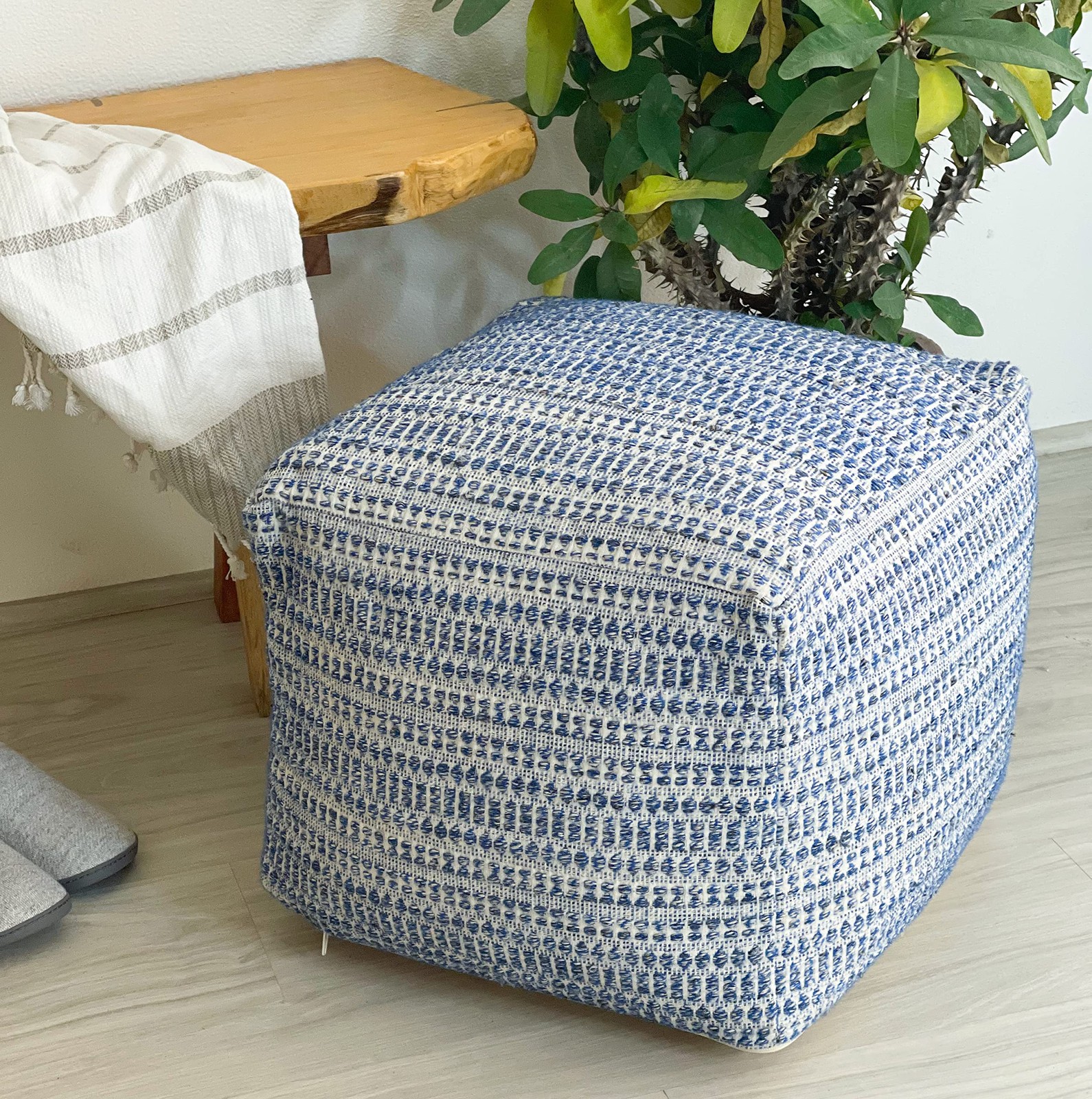 Chardin home UNSTUFFED Ottoman, Cozy & 16.5"D x 16.5"W x 12.9"H, Blue-cream