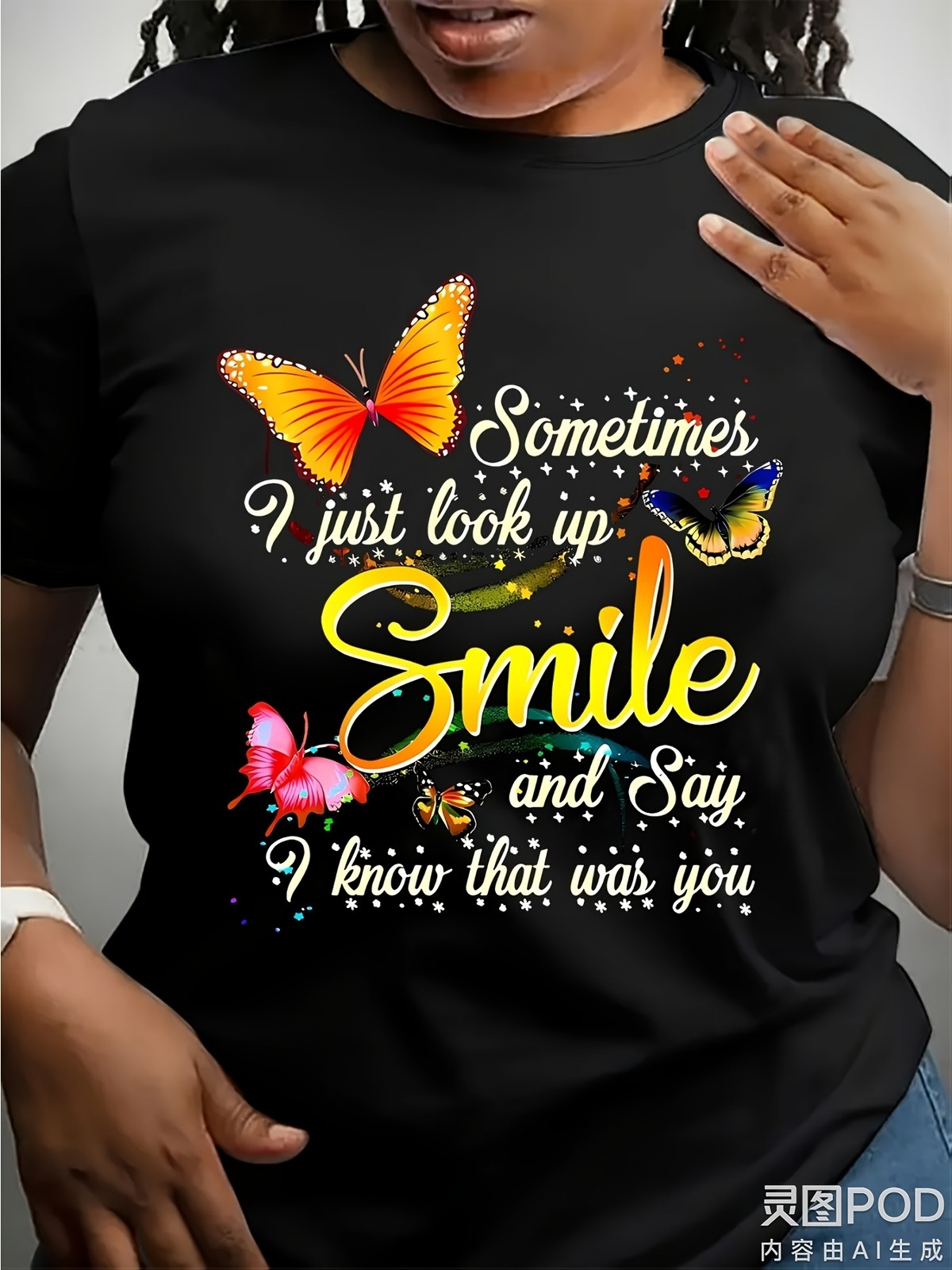 Playful Style, Women's Inspirational Smile Graphic T-Shirt Black Polyester, Cr
