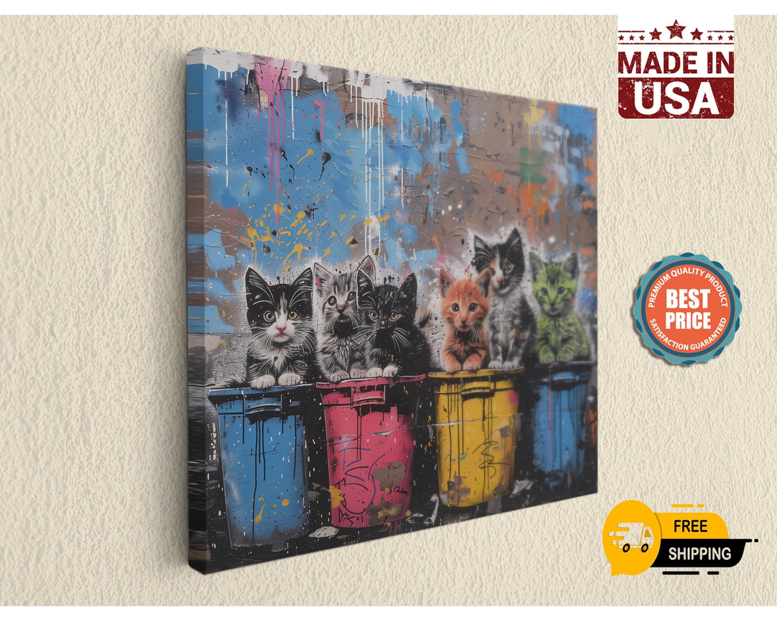 Canvas Print Cute Kittens Street Art Graffiti by Banksy - Grunge Home Decor