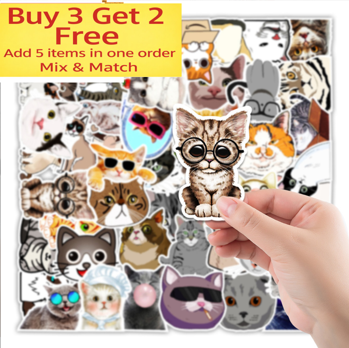 50pc Waterproof Vinyl Stickers Cute Funny Cats Luggage Phone Laptop Water Bottle