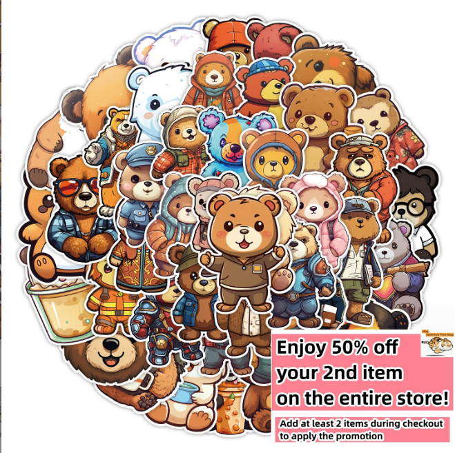 50pcs Waterproof Stickers Cute Cartoon Bears Luggage Phone Laptop Water Bottle