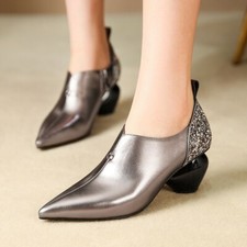 Women Mid High Block Heels Sequin Patchwork Shiny Zip Pointed Toe Evening Party