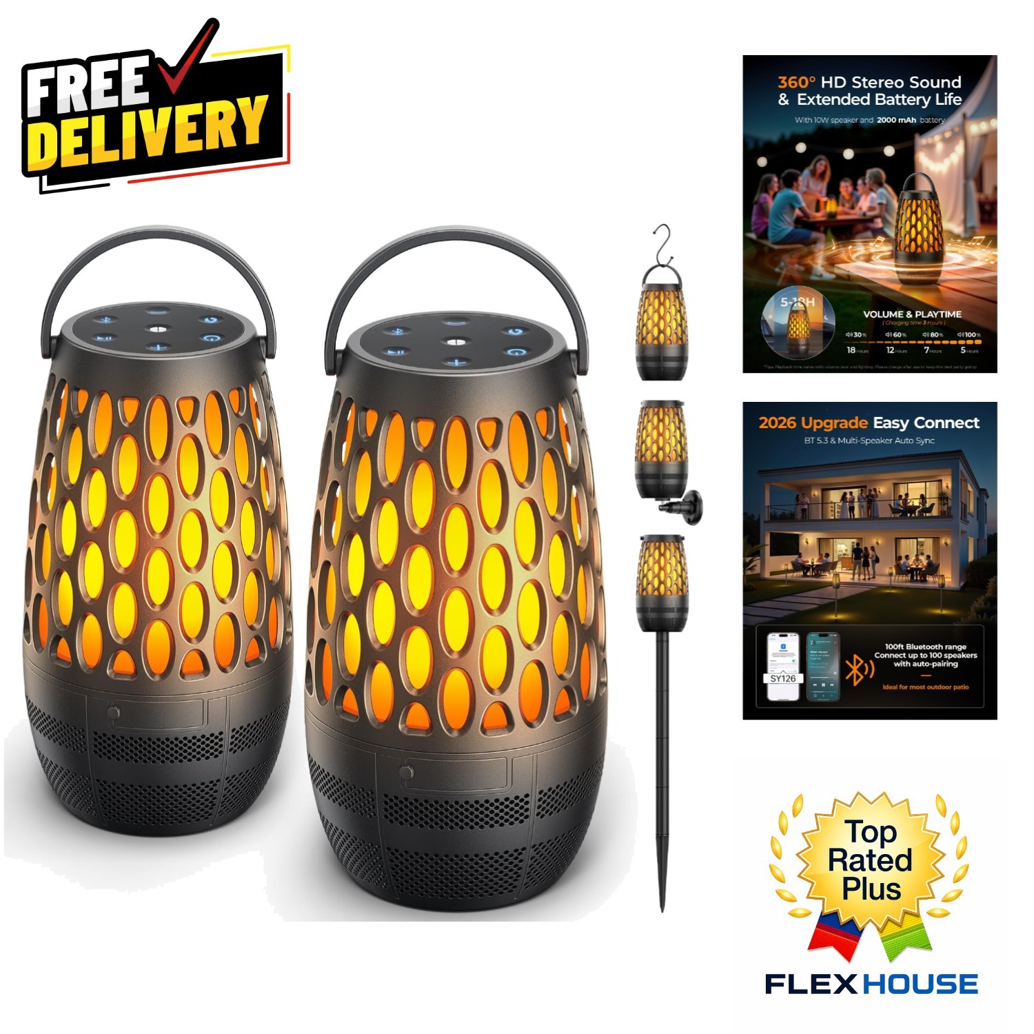 Portable Bluetooth Speaker with Multi-Sync, LED Flame Light & Sound for Outdoors