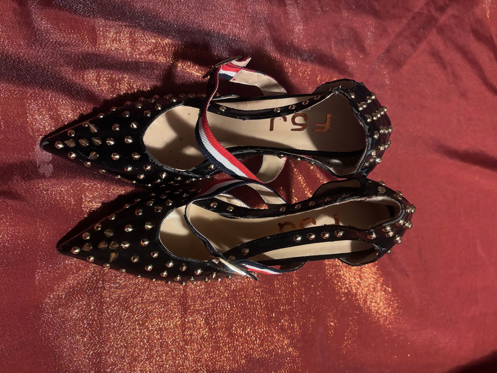 Studded  Womens Black Patent Spike Ankle Strap Stiletto Gold Studs