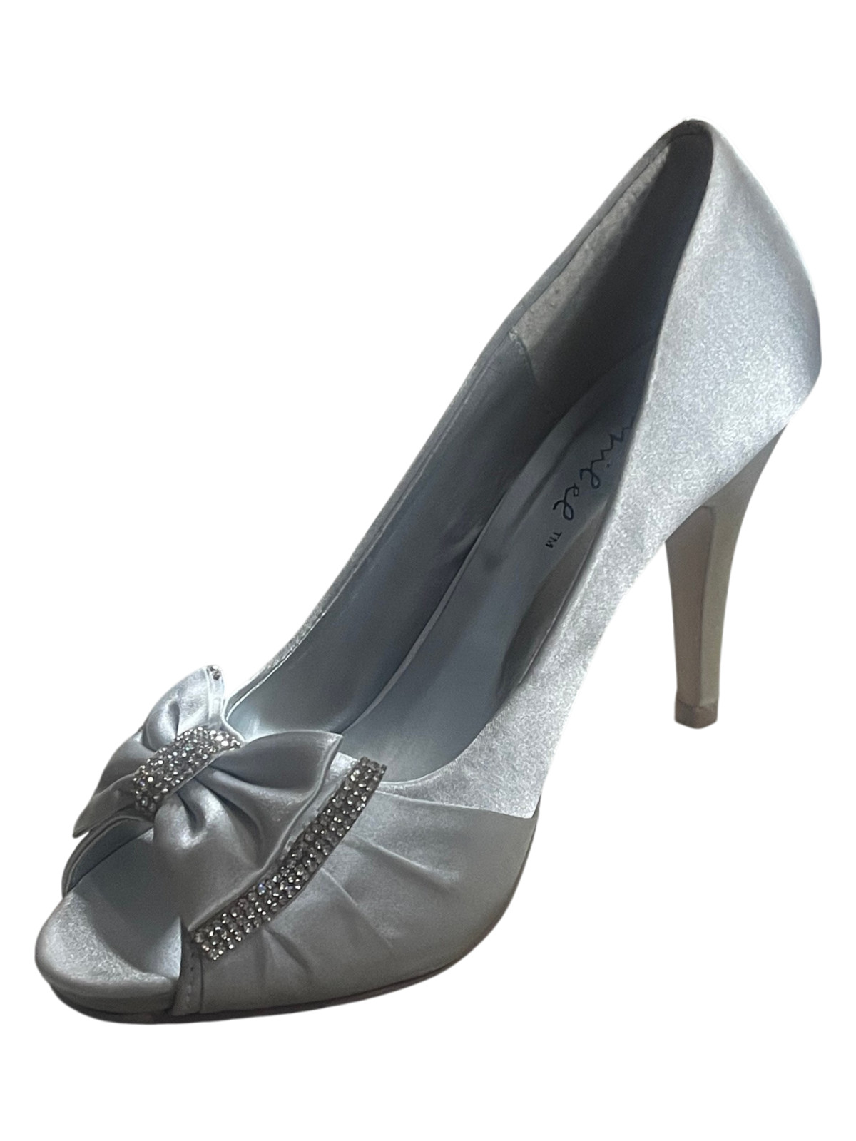 Bonnibel  Silver Satin Rhinestone Bow Peep Toe Heels Dress Shoes
