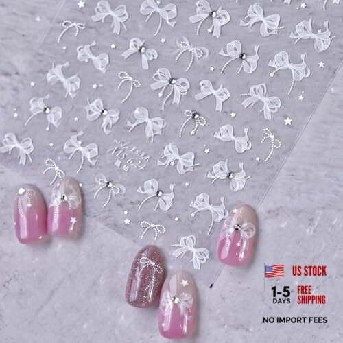 White Lace Bow Nail Decor with Cute Ribbons, Rhinestones, Bowknots - Crystal