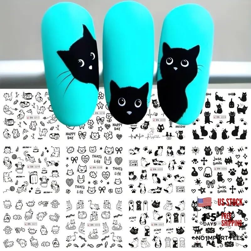 Cute Cat Nail Art Stickers Black Cats Water Transfer Nail Stickers Cat Style-4