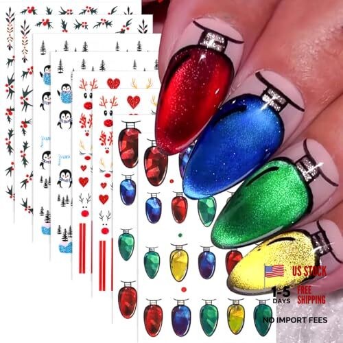 Christmas Nail Art Stickers, 3D Christmas Lights Nail Decals, Cute Holiday