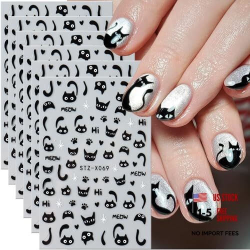 Nail Stickers for Nail Art Heart Nail Art Stickers Cute Cat Head 3D Black Cat