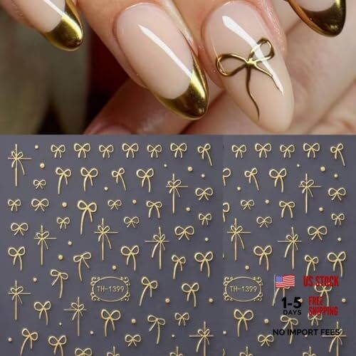 Cute Bow Nail Art Stickers Decals 6PCS Valentines Nail Decals 3D Self Gold Bow