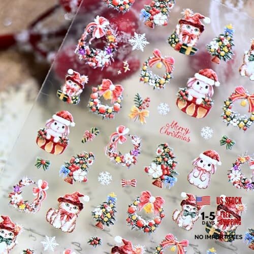 Cute Christmas Nail Art Stickers, 5D Embossed Nail Decals Christmas Style 9