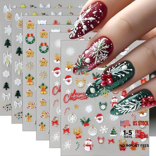 6 Sheets Christmas Nail Stickers – Cute Santa Claus Bow 6 Sheets, Christmas