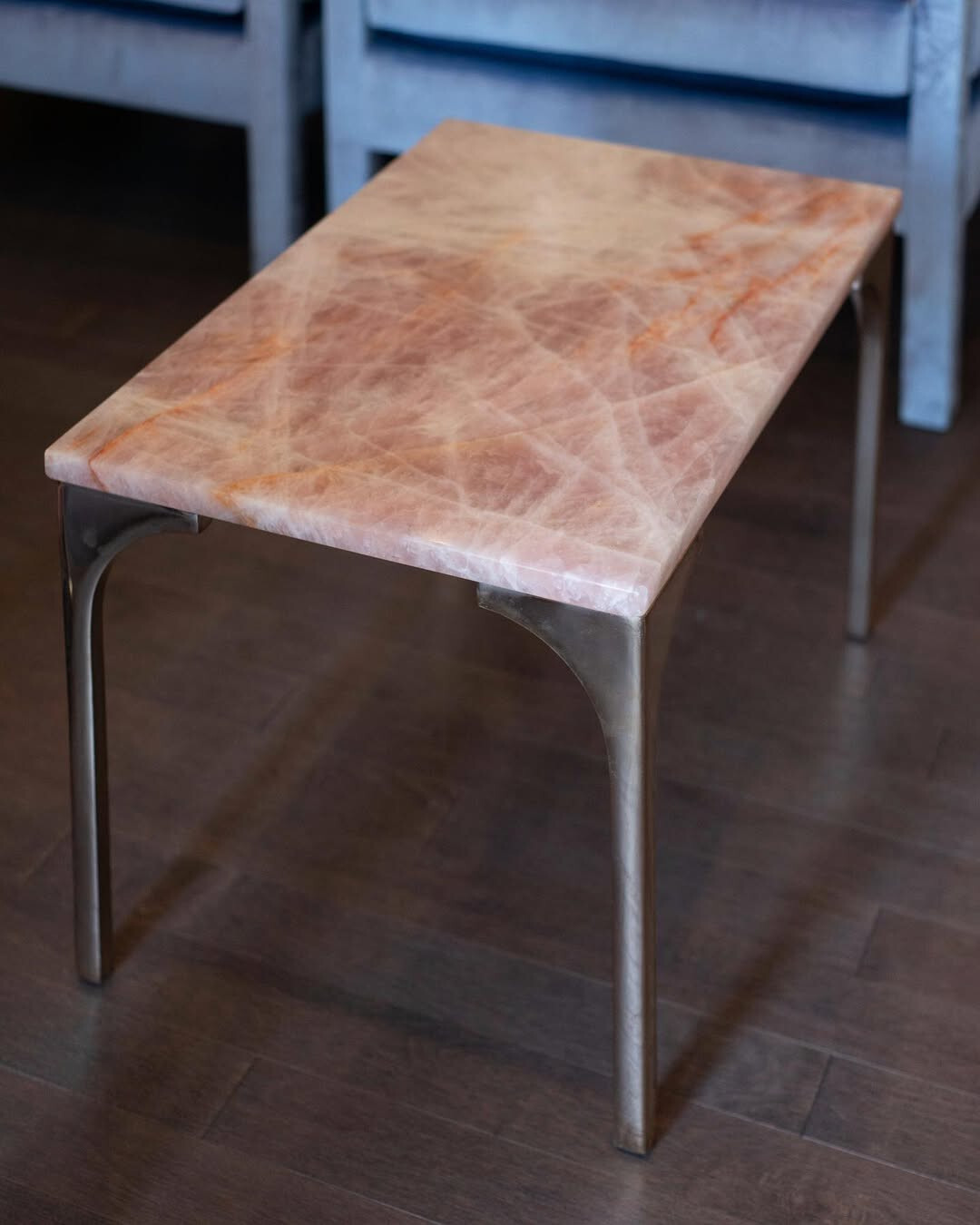 Handcrafted Rose Quartz Coffee Table – Natural Crystal Stone Top, Handmade Arts