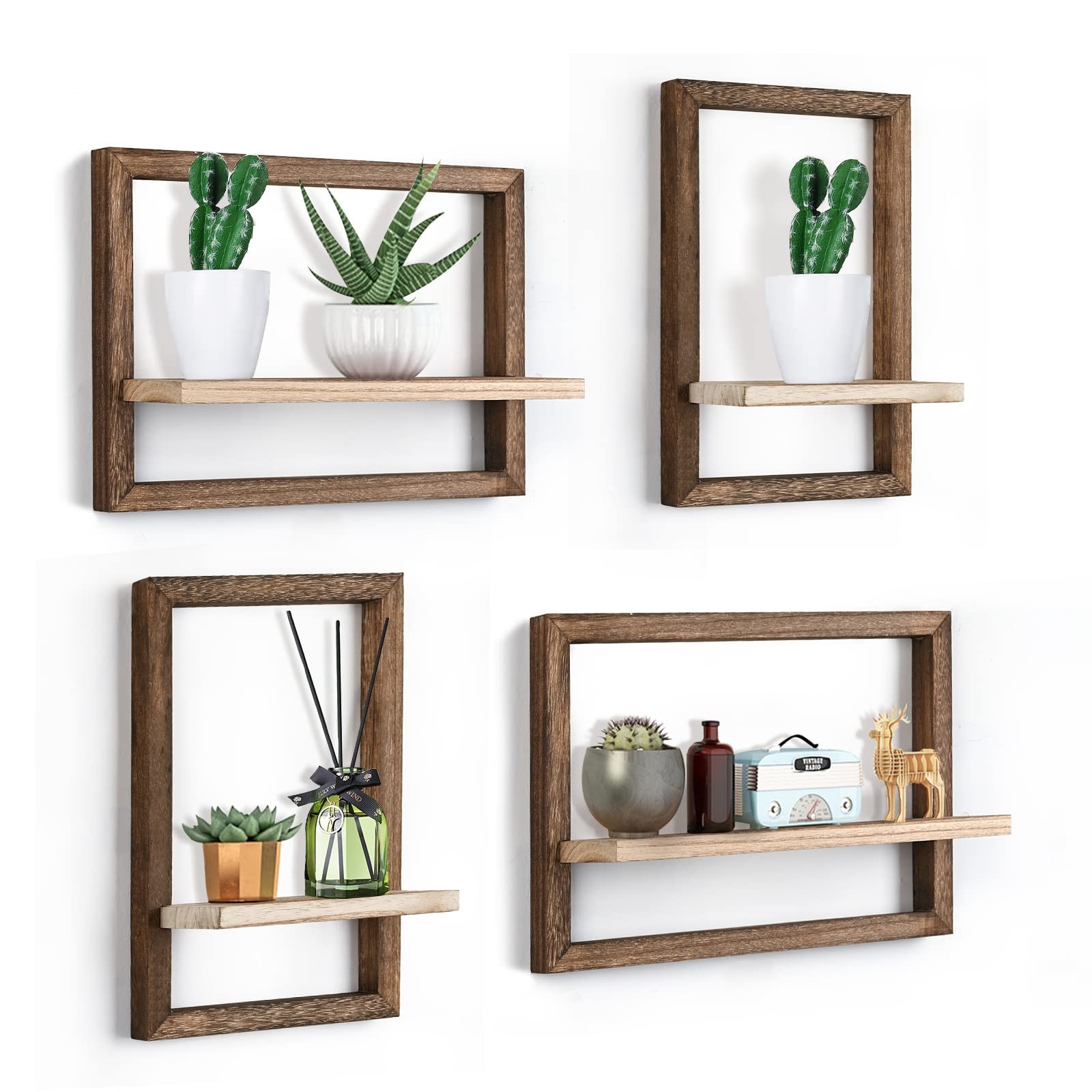 4 PCS 15 Inch Rustic Brown Square Wood Floating Shelf Wall Mount Decor Storage