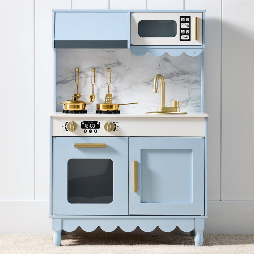 Pretend Play Cottage Kitchen Wooden Toy Set for Kids w/ 5 Accessories- Blue