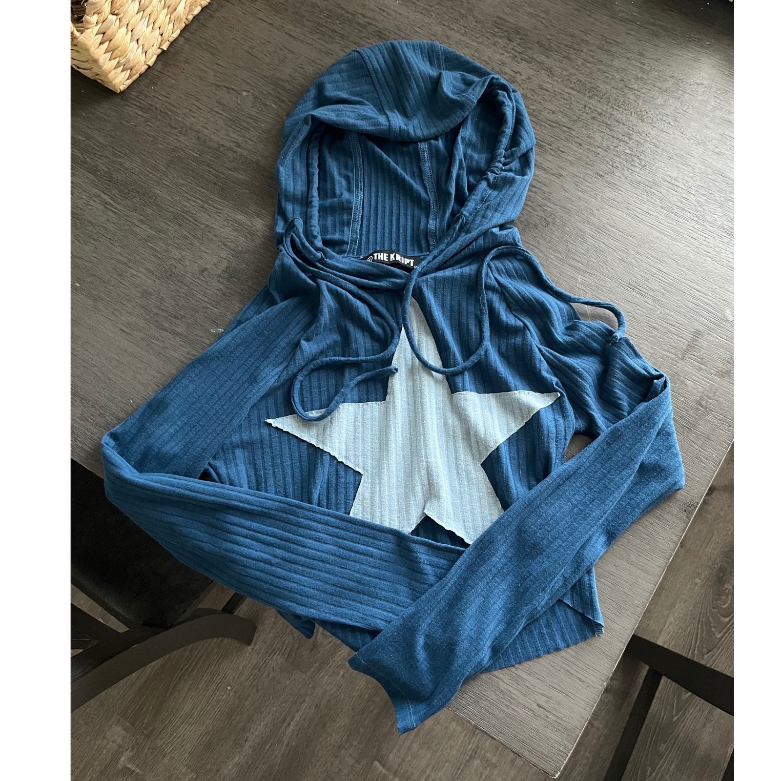 THE KRIPT Blue Ribbed Star Patch Cropped Hoodie Long Sleeve Festival Grunge M