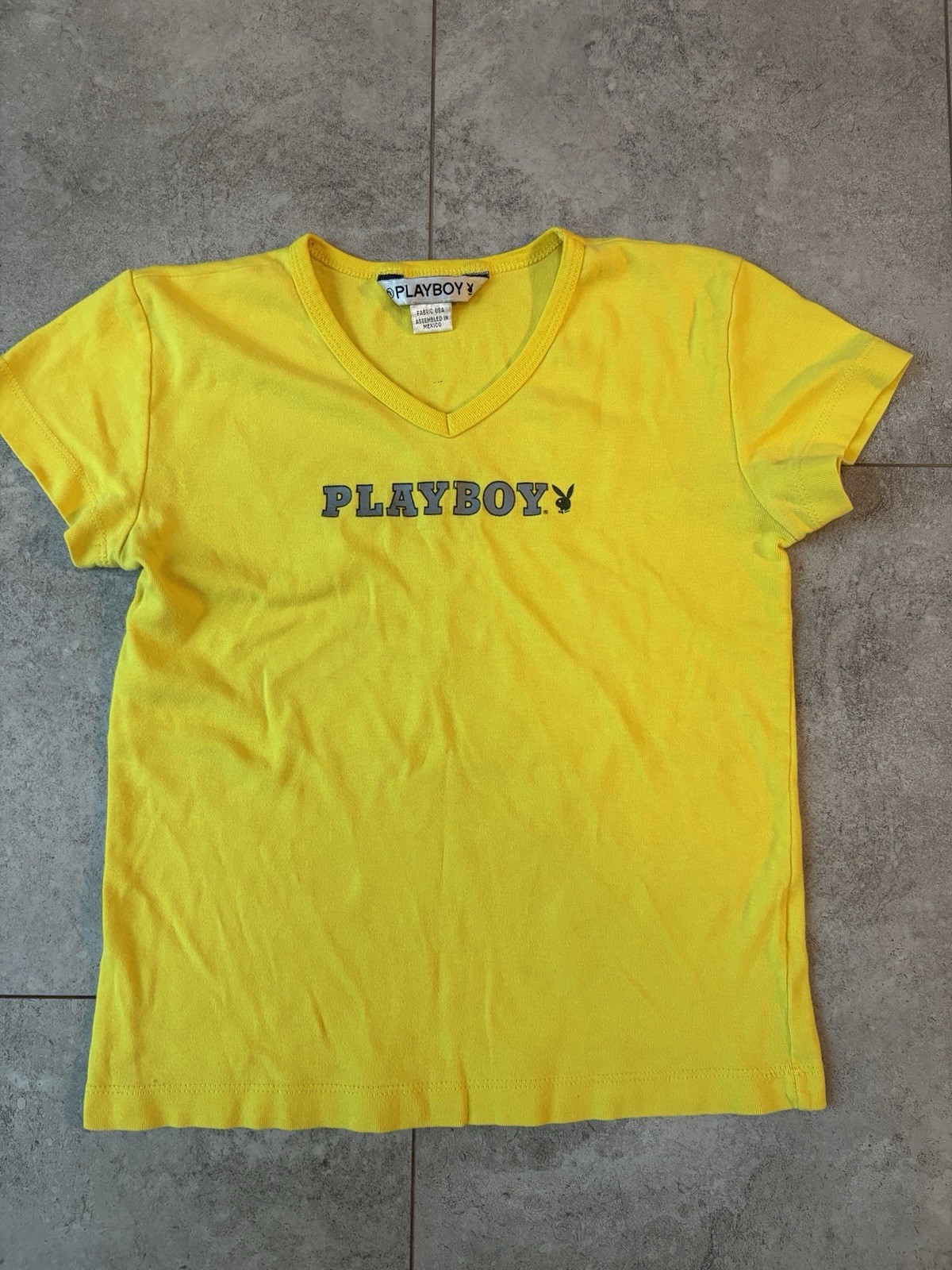 Vintage Playboy Yellow V-Neck Baby Tee Y2K Logo Graphic T-Shirt Size M/L