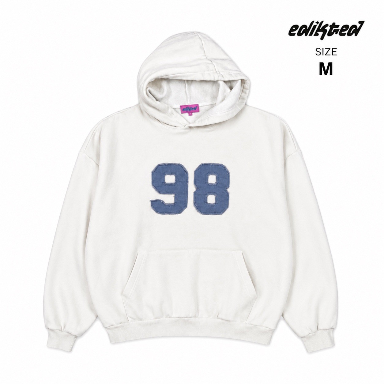 Edikted Oversized 98 Patch Hoodie Cream Ivory Blue Graphic Sweatshirt Size M EUC