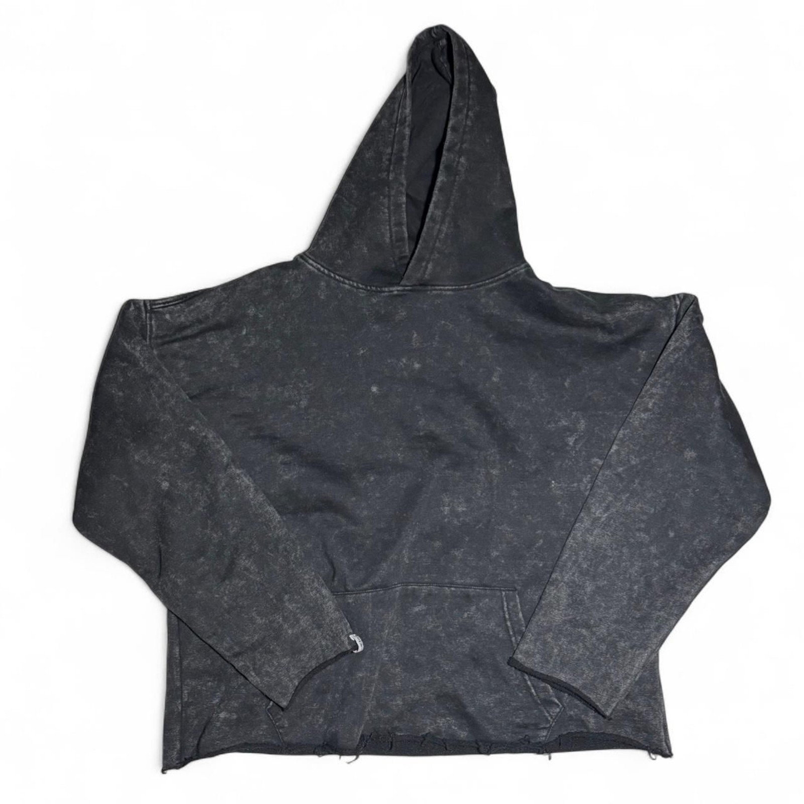 Black acid wash cropped hoodie CLQ womens faded mineral wash finish raw cut hem 