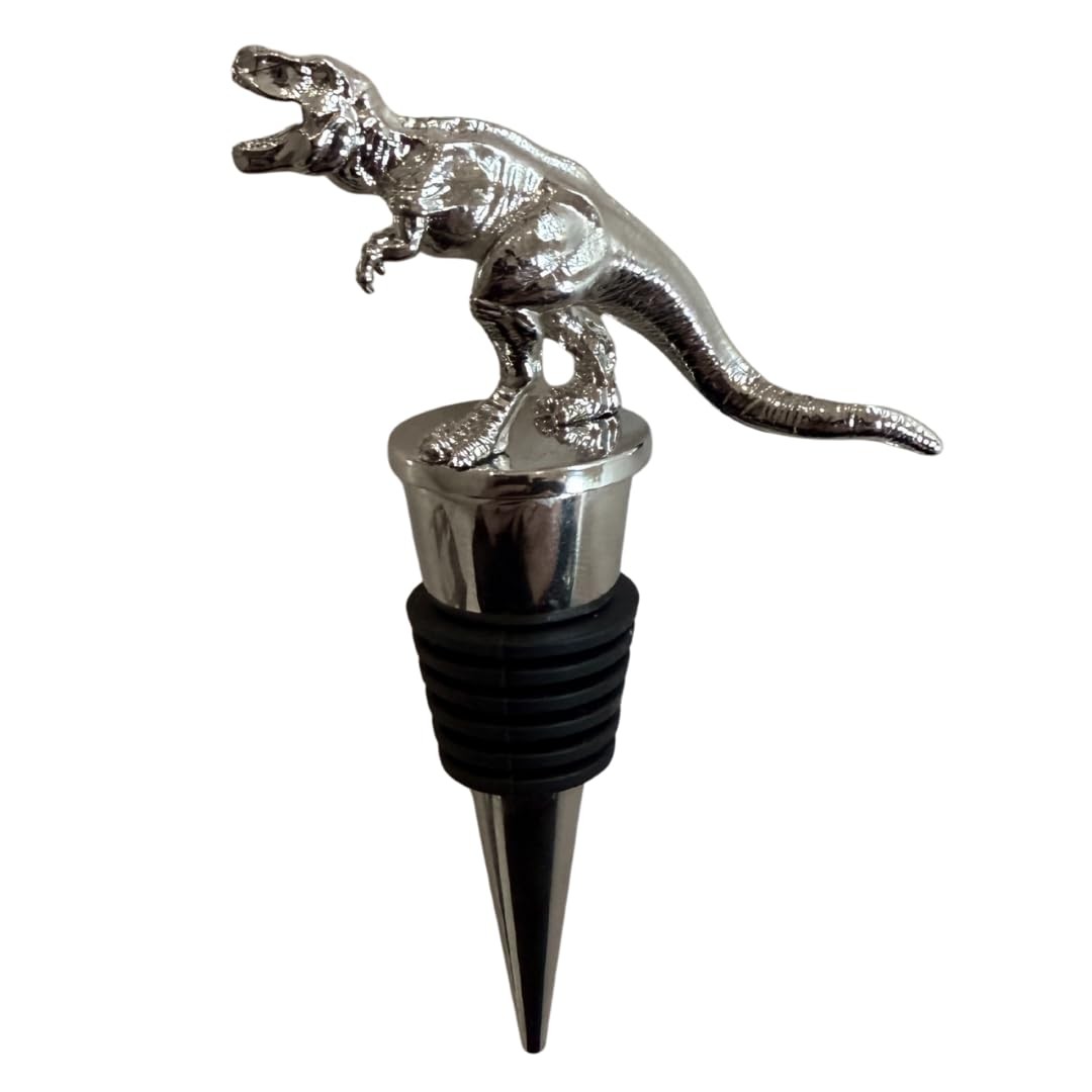 T-Rex Dinosaur Wine Stopper, Chrome Finish Metal Accessory, Unique Gift for Dino
