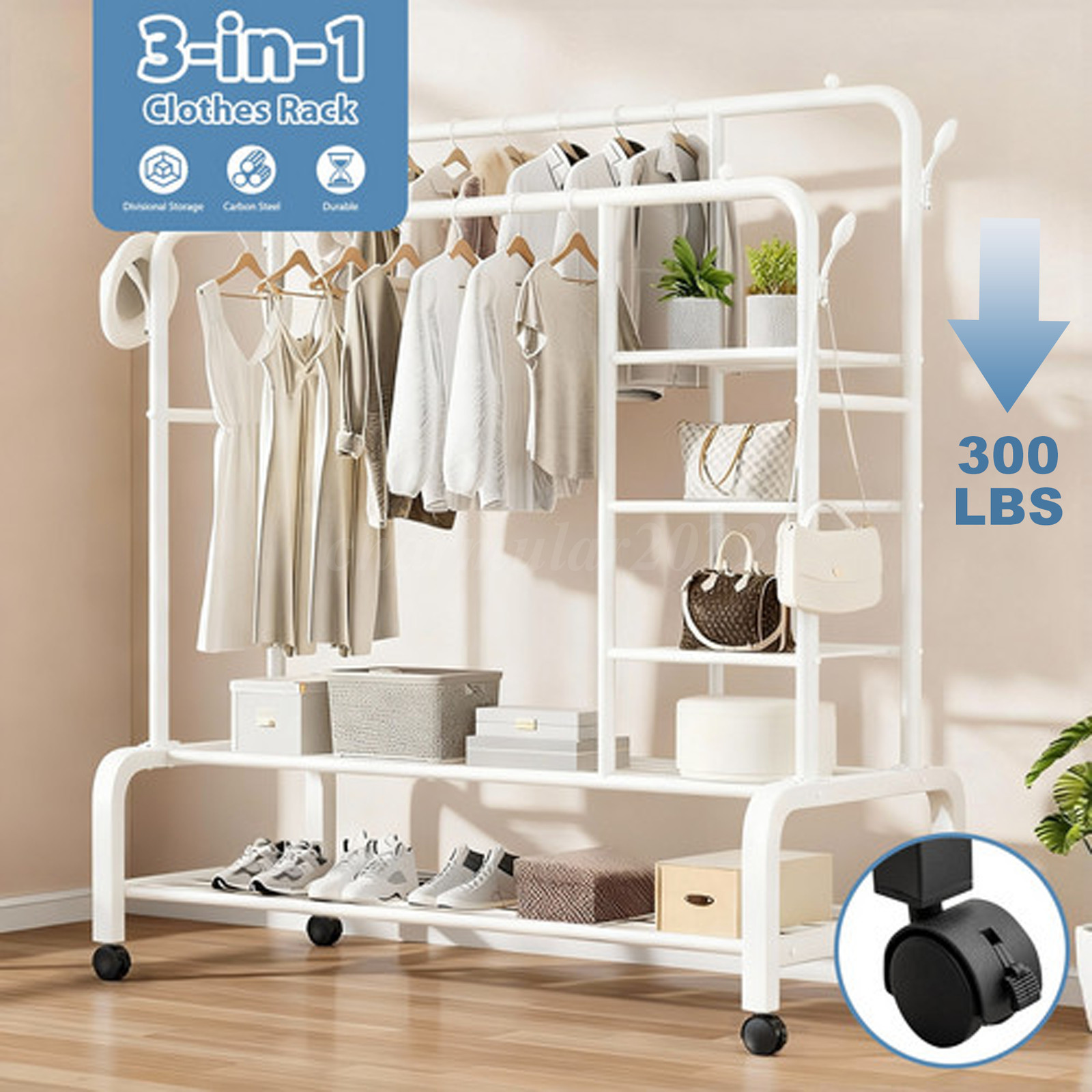 300LBS Double Rod Clothes Rack Carbon Steel with Lockable Wheels & Multi-Purpose