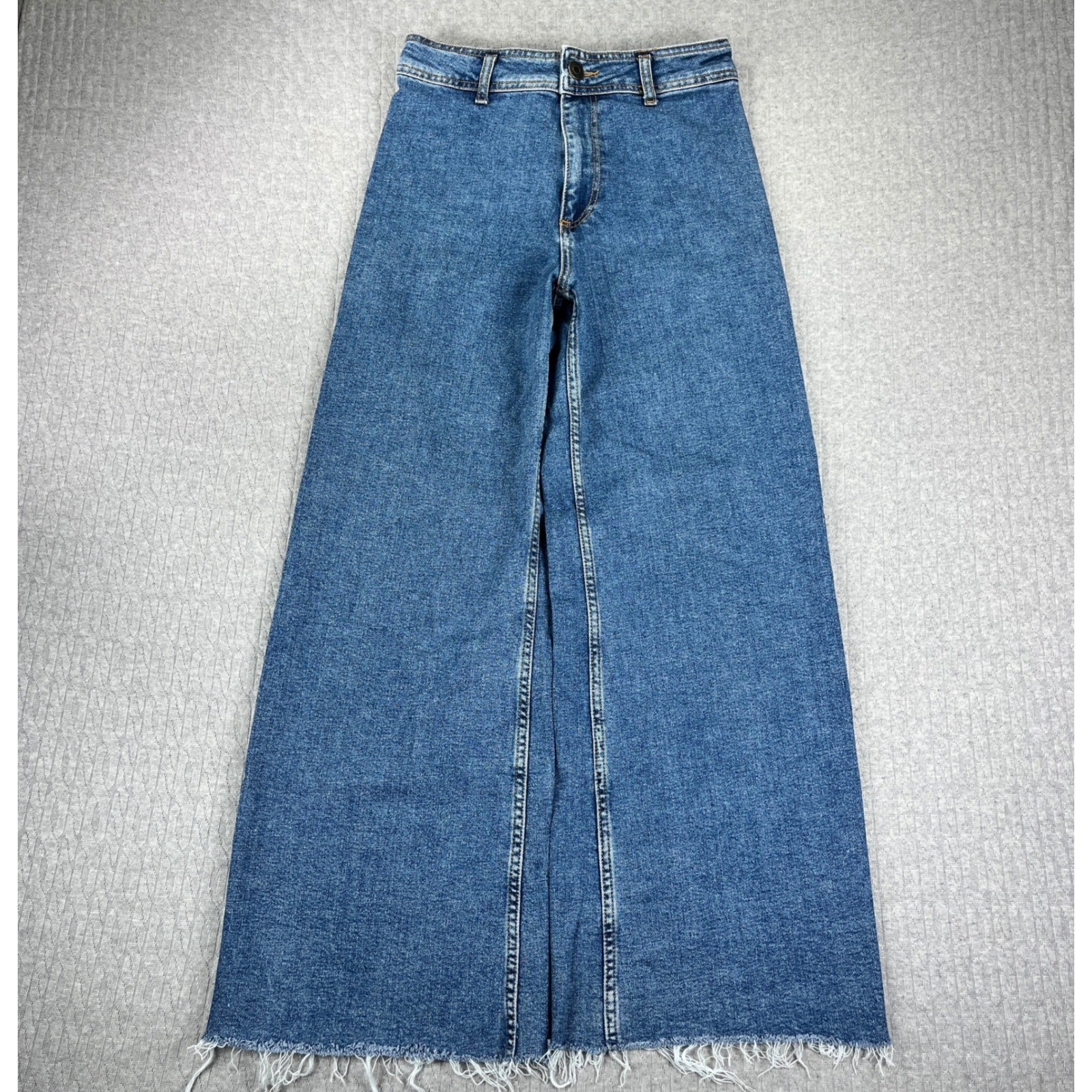 Zara Y2K 90s Baggy Wide Leg Jeans Women 6/26X28 Blue Wash High Rise Raw Hem