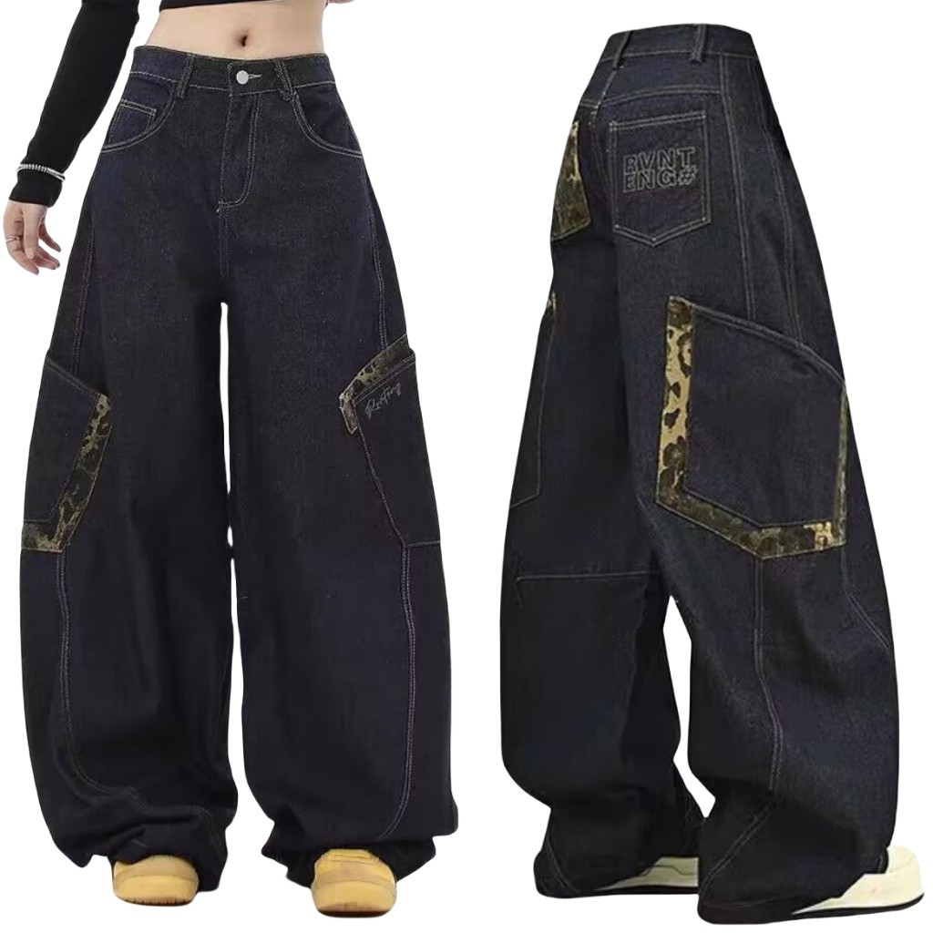 Women's Y2K Baggy Wide Leg Cargo Jeans Dark Blue Denim Streetwear Loose Fit Pant