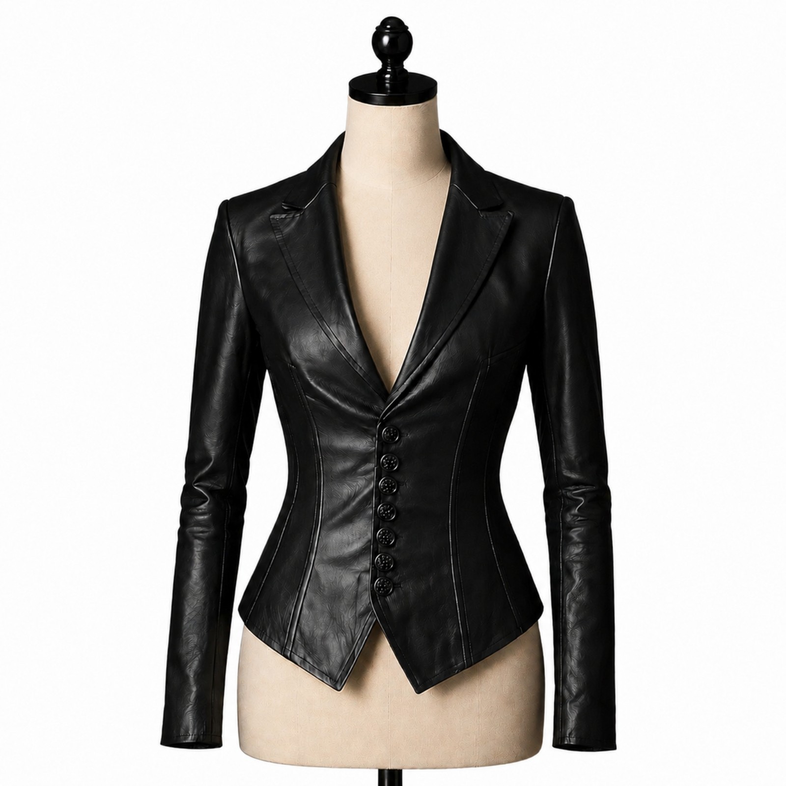 Women's Black Genuine Leather Blazer Jacket Slim Fit Corset Button Gothic Style