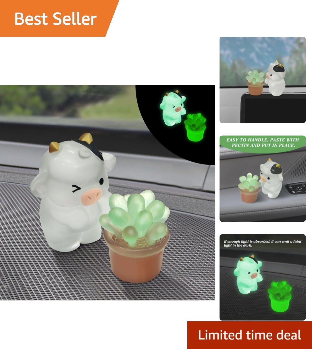 Fun Resin Cow & Plant Car Accessory - Easy Install for Kawaii Interiors