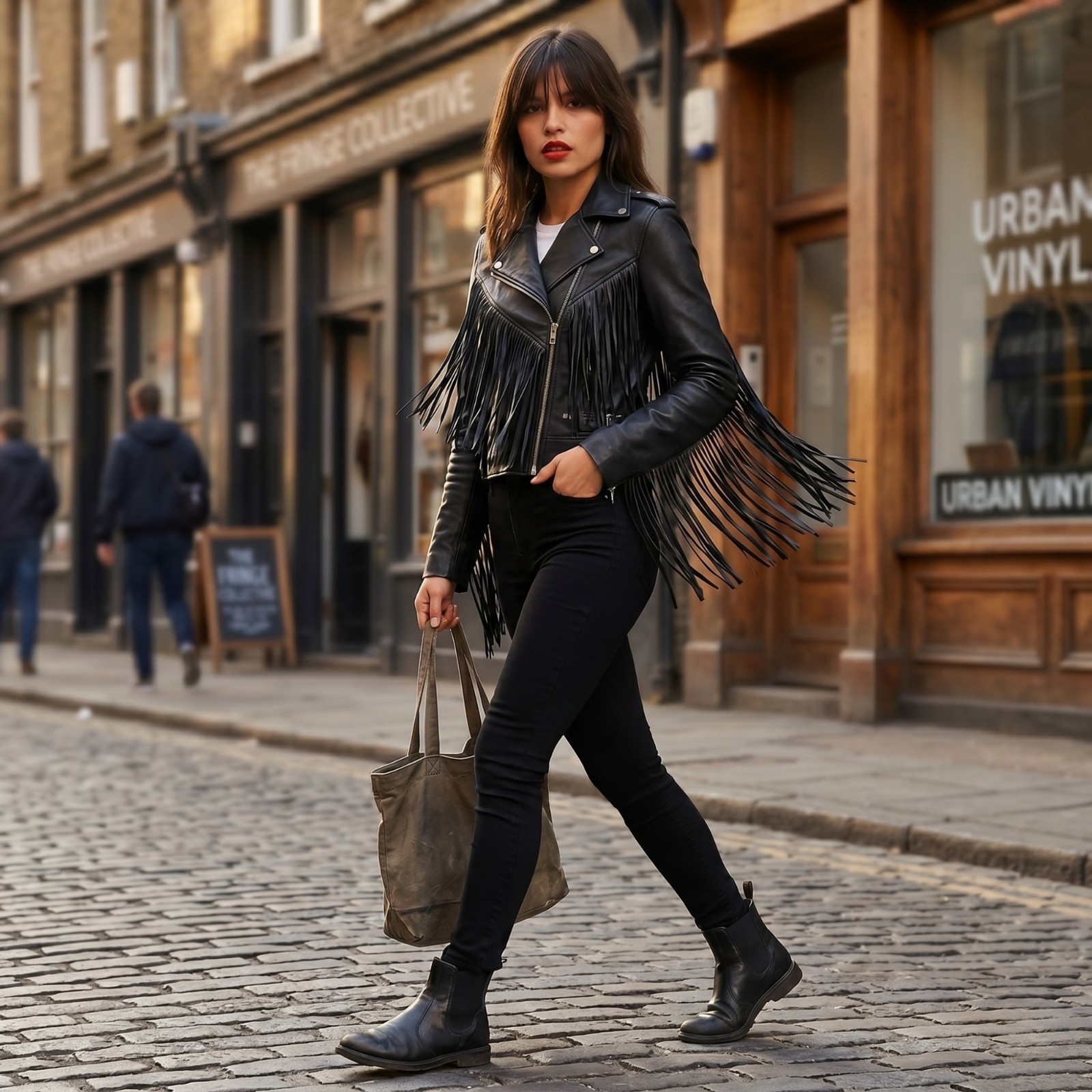 Women's Black Leather Fringe Jacket - Western style Tassel Biker Jacket